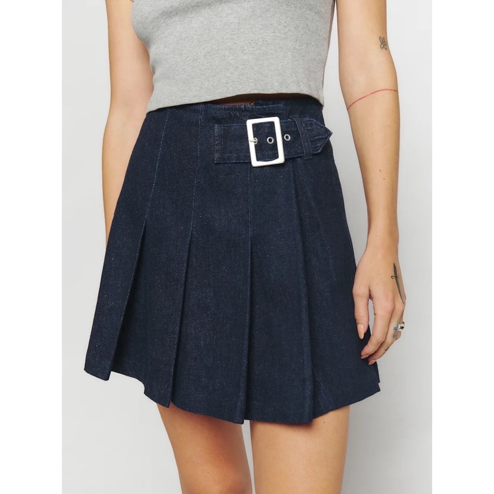 Reformation Jeans Billie Pleated‎ Denim Mini Skirt in Rinse Blue